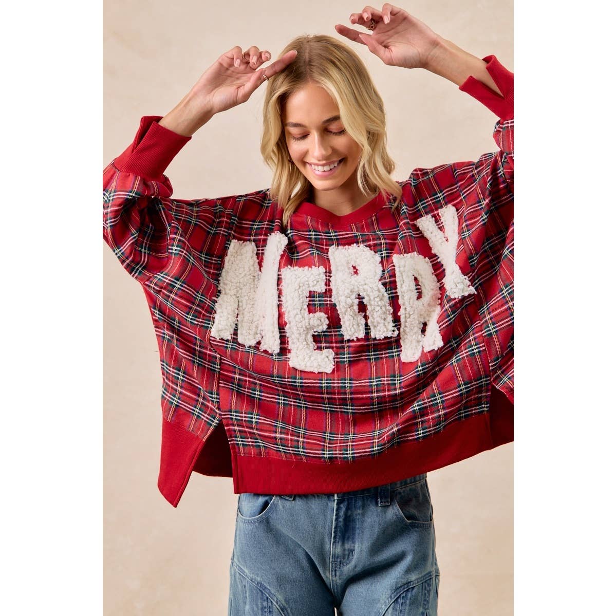 MERRY Sherpa Letter Oversized Red Plaid Pullover