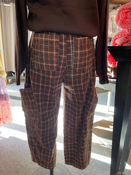 Brown Plaid Woven Barrel Pants