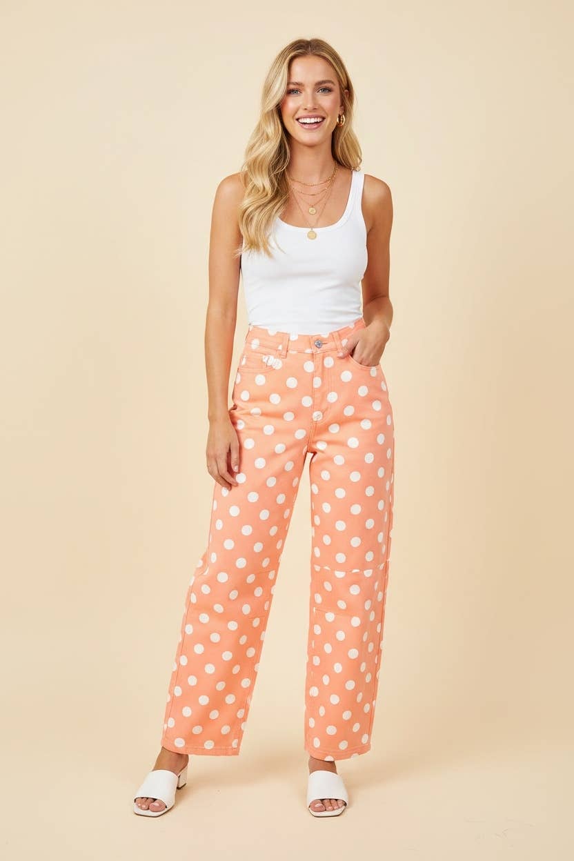 HEIMISH - HP40176 Polka Dot High Rise Straight Leg Pants - TAUPE/WHT / 2-2-2(S-M-L)