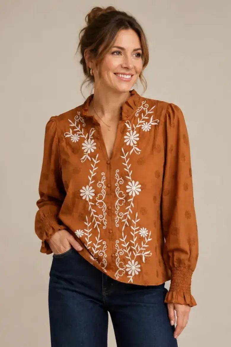 Pine Apparel - Embroidered Ruffle Neck Blouse - Cinnamon / XL