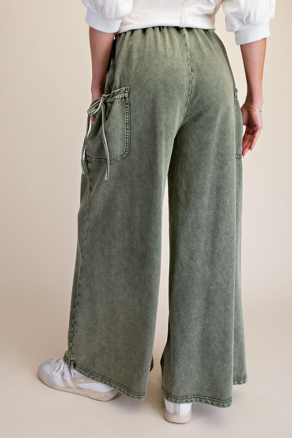 Mineral Wash Terry Knit Wide Leg Pant - Olive