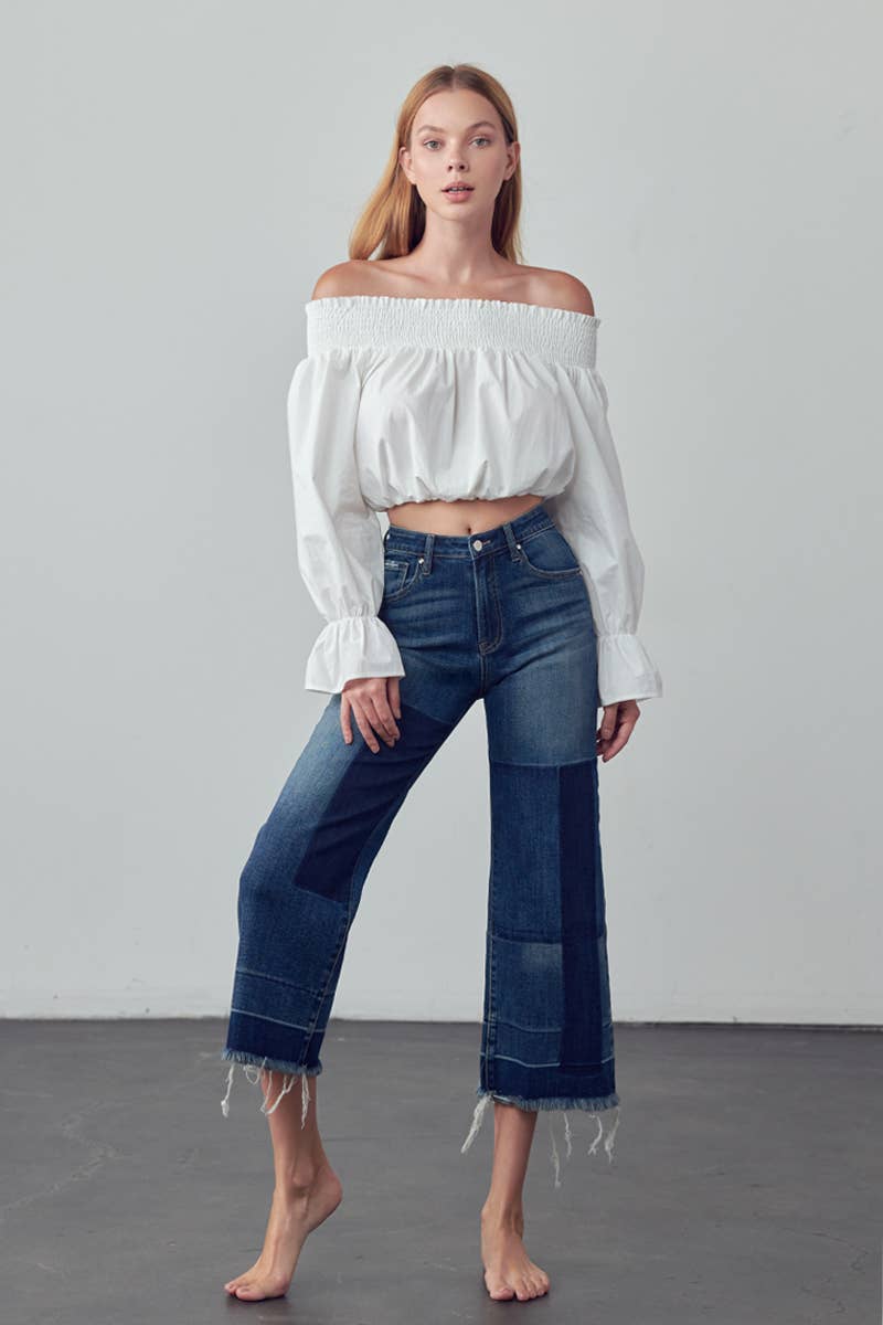 Mid Rise Raw Hem Crop Flare Jeans