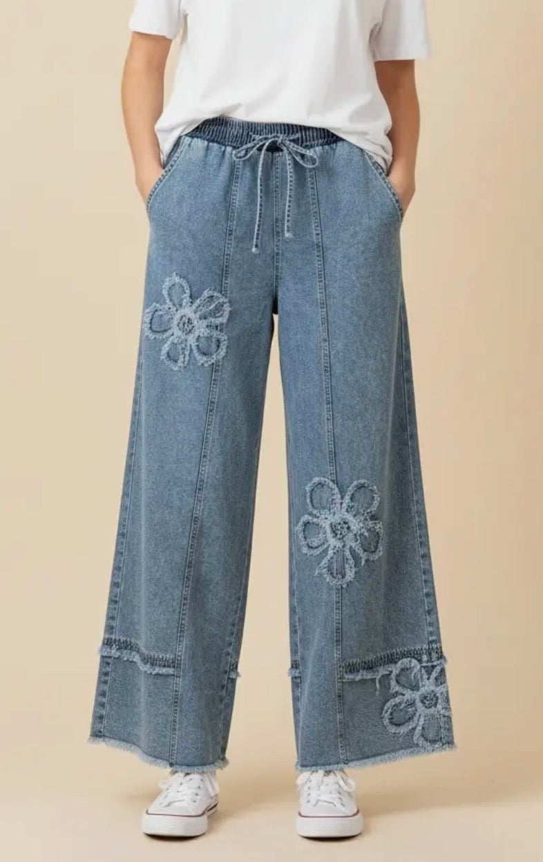Floral Denim Wide Leg Pants