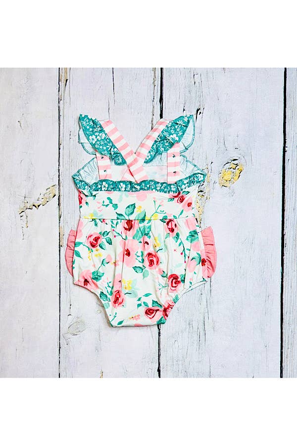 luluclothes - Pink & teal floral ruffle sleeveless baby romper XCH0999-6H - 18/24 MONTHS