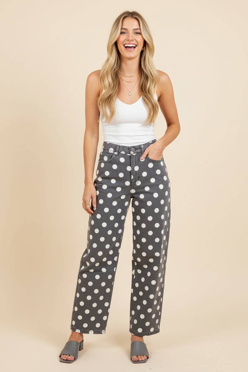 HEIMISH - HP40176 Polka Dot High Rise Straight Leg Pants - TAUPE/WHT / 2-2-2(S-M-L)