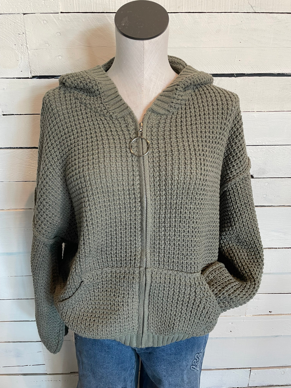 Olive Zipper Open Cable Knit Chenille Hoodie Sweater