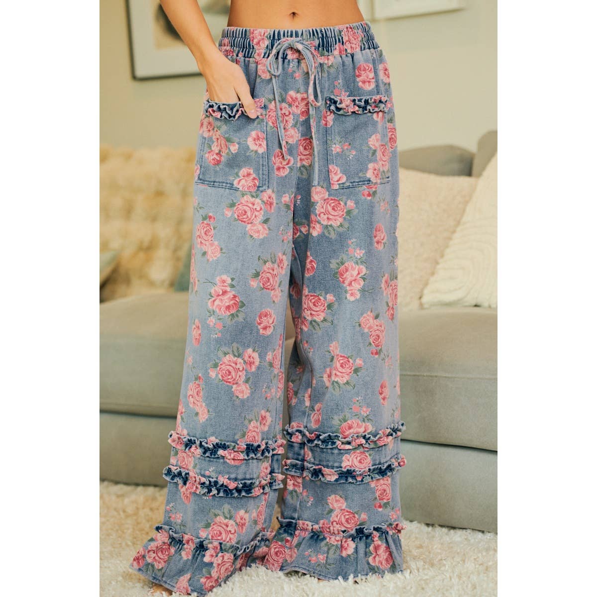 Washed Floral Denim Ruffle Wide-Leg Pants