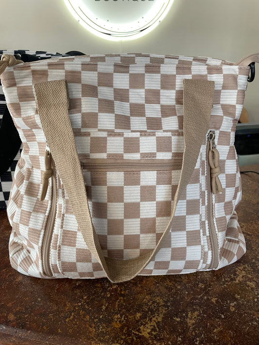 Taupe Checkered Tote Bag