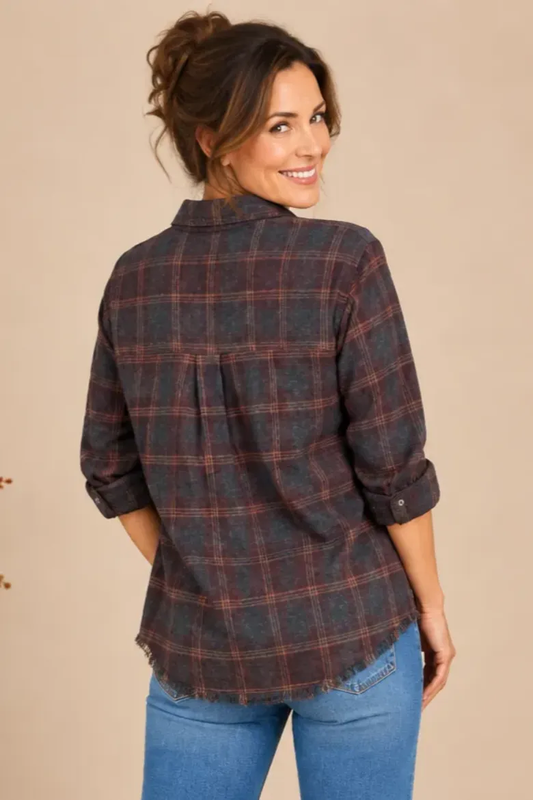 Brown & Forest Plaid Flannel with Frayed Hem
