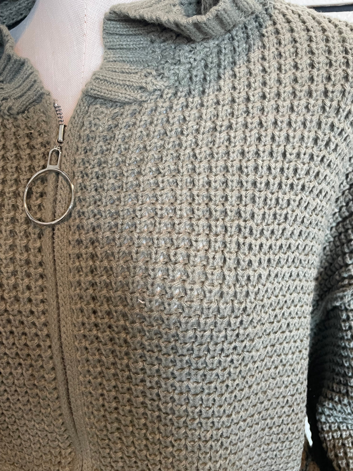 Olive Zipper Open Cable Knit Chenille Hoodie Sweater