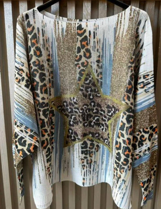 Leopard Star Round Neck Knit Printed Sweater
