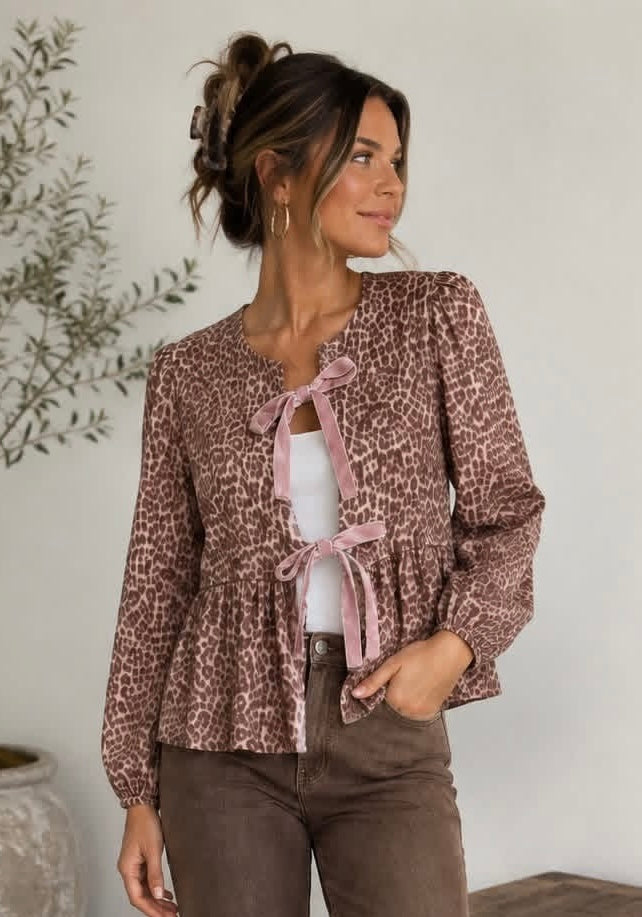 Brushed Twill Mauve Leopard Bow Tie Blouse