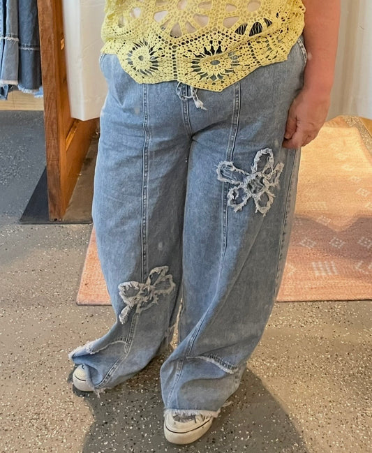 Floral Denim Wide Leg Pants