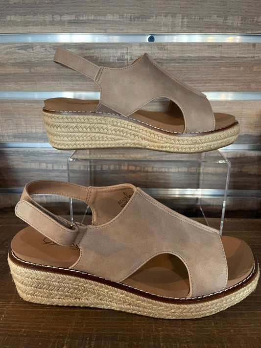 Tan Taupe slip-on wedge sandal by Corkys with 2-inch heel and cushioned insole for stylish, all-day comfort