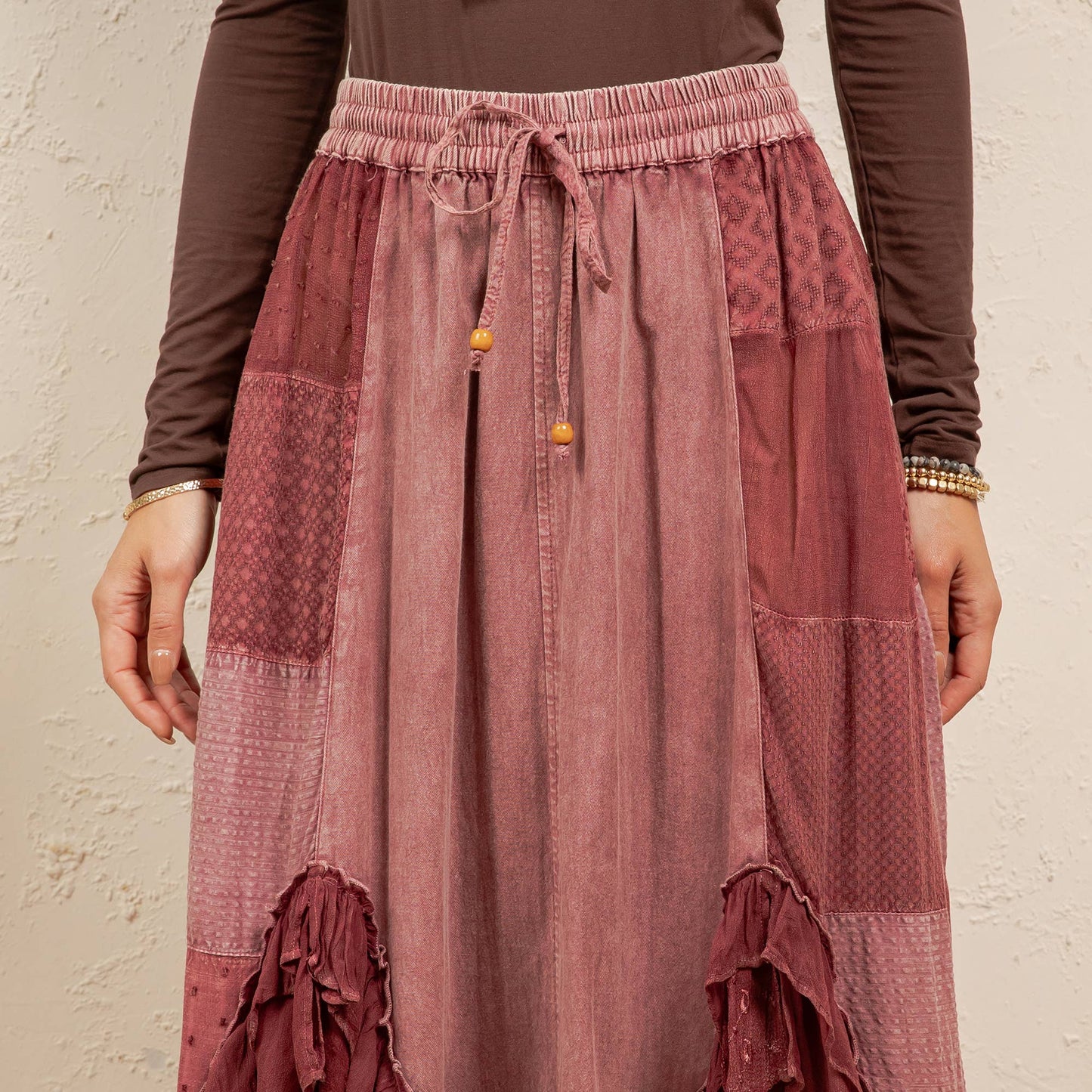 Young Threads - Rustic Bohemian: Asymmetrical Embroidered Midi Skirt - New - Latte / REGULAR (S-M-L-XL 2-2-2-1)