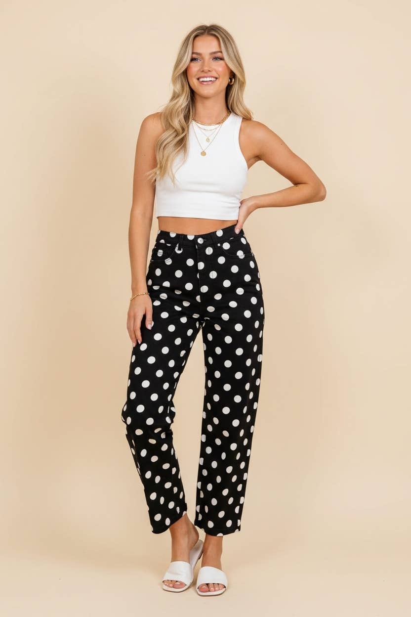 HEIMISH - HP40176 Polka Dot High Rise Straight Leg Pants - TAUPE/WHT / 3-2-1(1X-2X-3X)