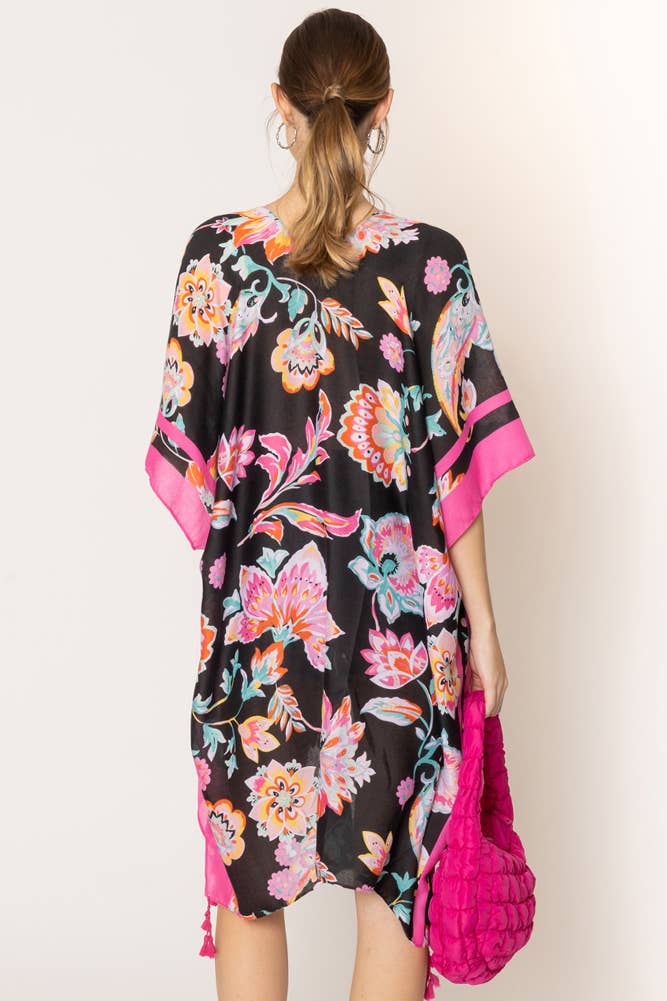 Hana - Floral Print Stripe Edge Tassel Summer Kimono - Black