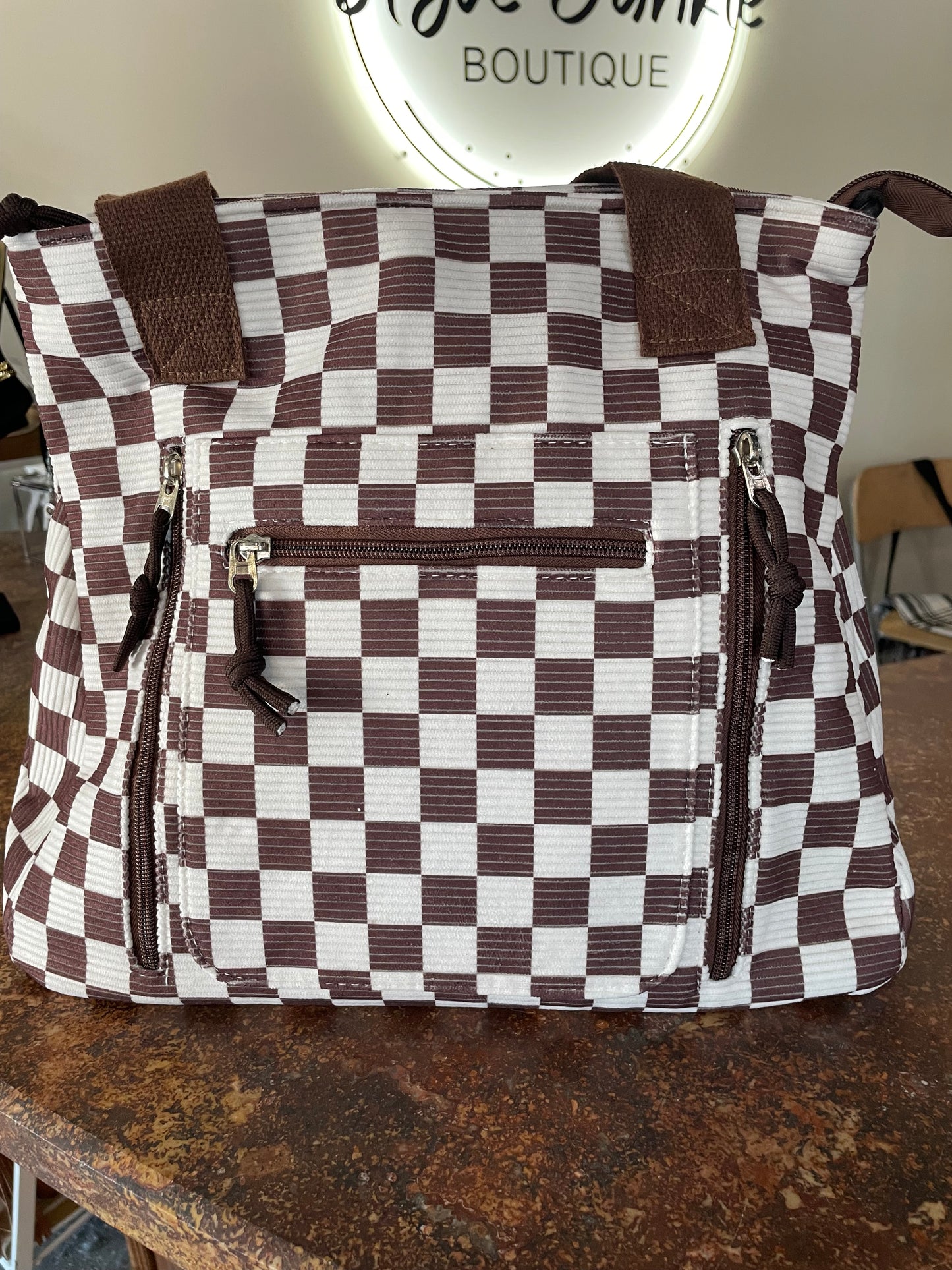 Brown Checkered Tote Bag