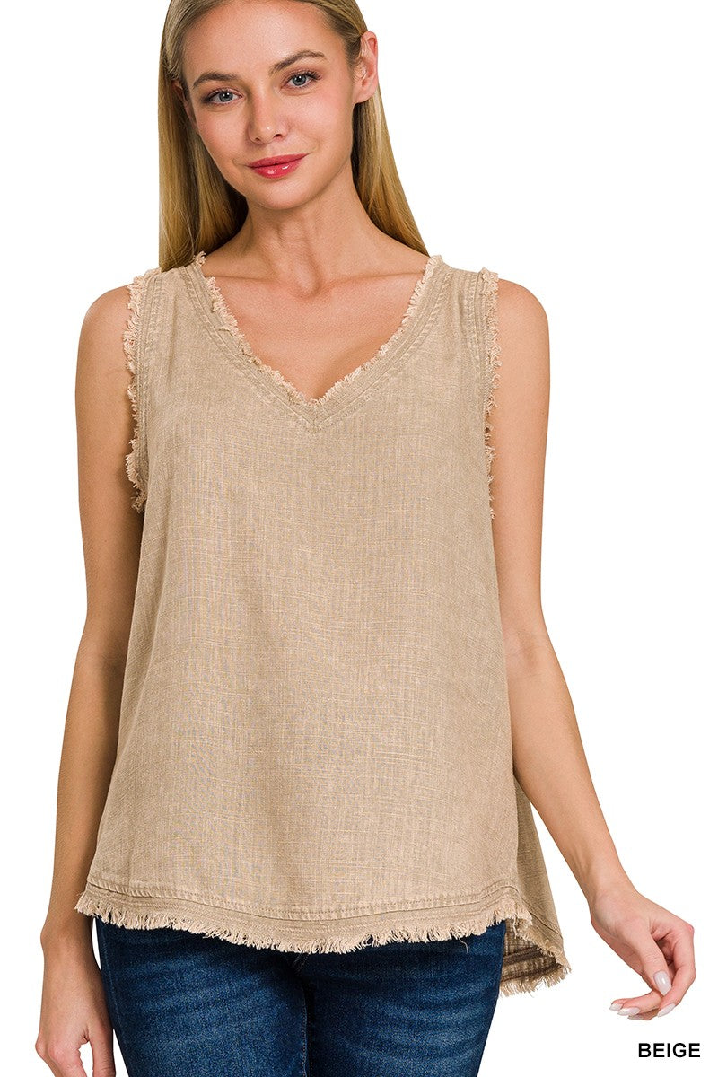 Linen Fray Edge V Neck - Sand