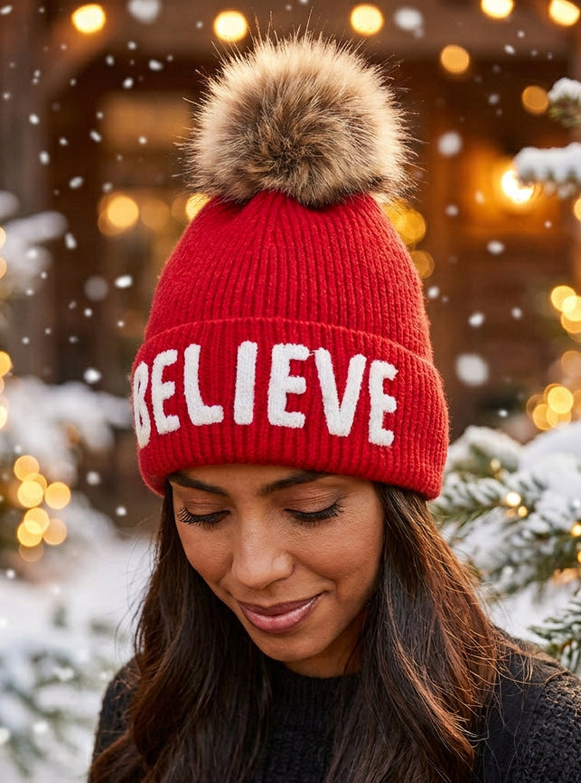 Red BELIEVE Knit Pom Hat