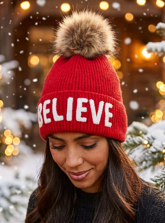 Red BELIEVE Knit Pom Hat