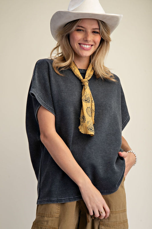 Black Mineral Wash Drop Shoulder Top