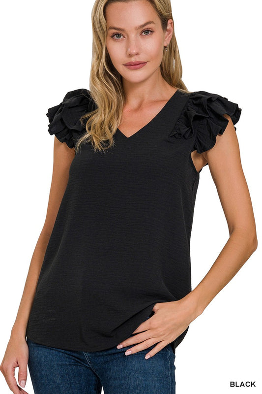 Woven Ruffle Top - Black