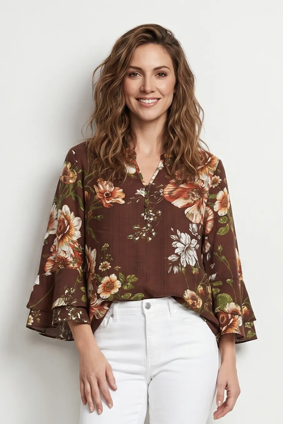 Brown Floral Ruffle Blouse