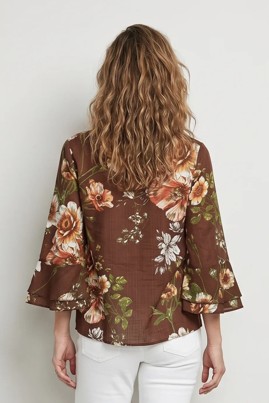 Brown Floral Ruffle Blouse