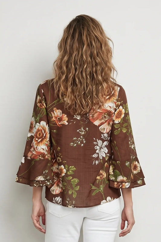Brown Floral Ruffle Blouse