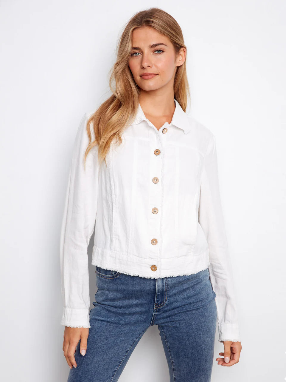 White Linen Jacket with Frayed Hem
