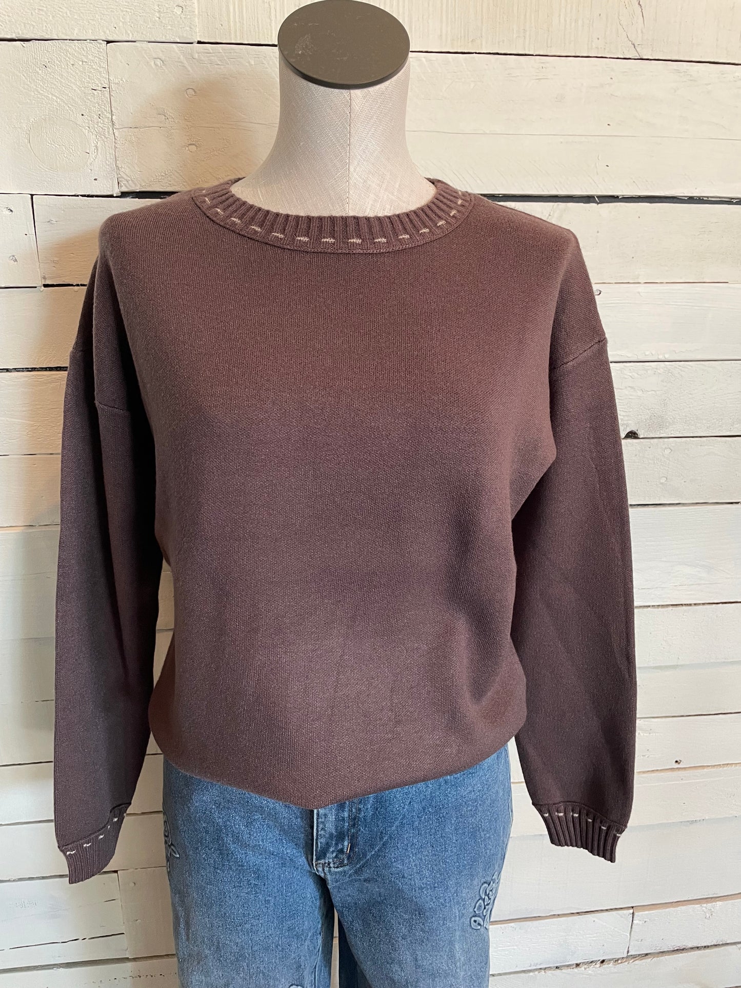 Dark Mocha Stitch Detail Crew Neck Sweater