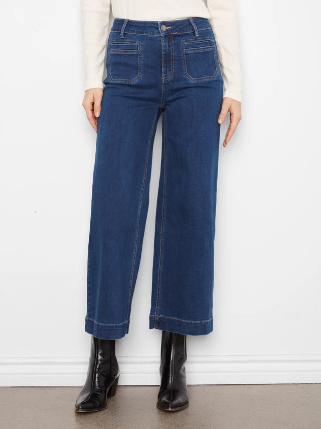 Cropped Patch Pocket Wide Leg Jeans