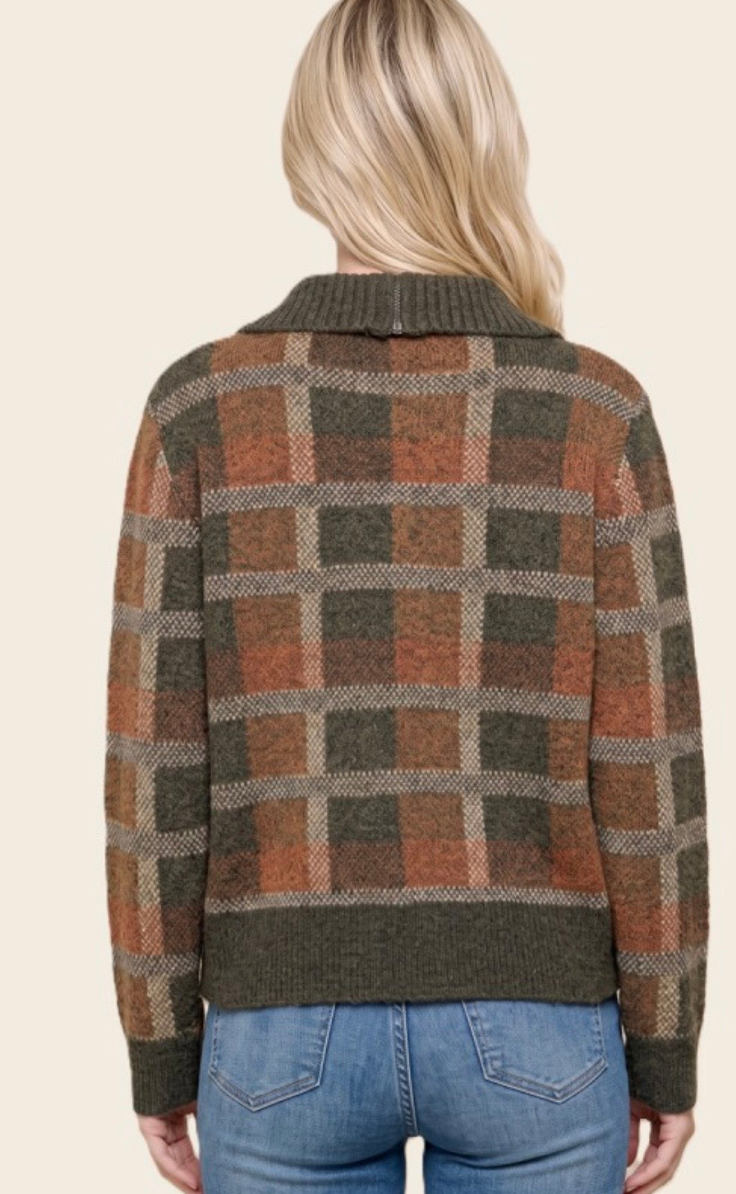 Olive Plaid 1/4 Zip Sweater
