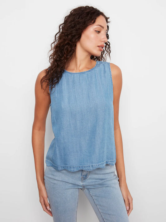 Tencel Light Wash Tank Top with Decorative Back Buttons