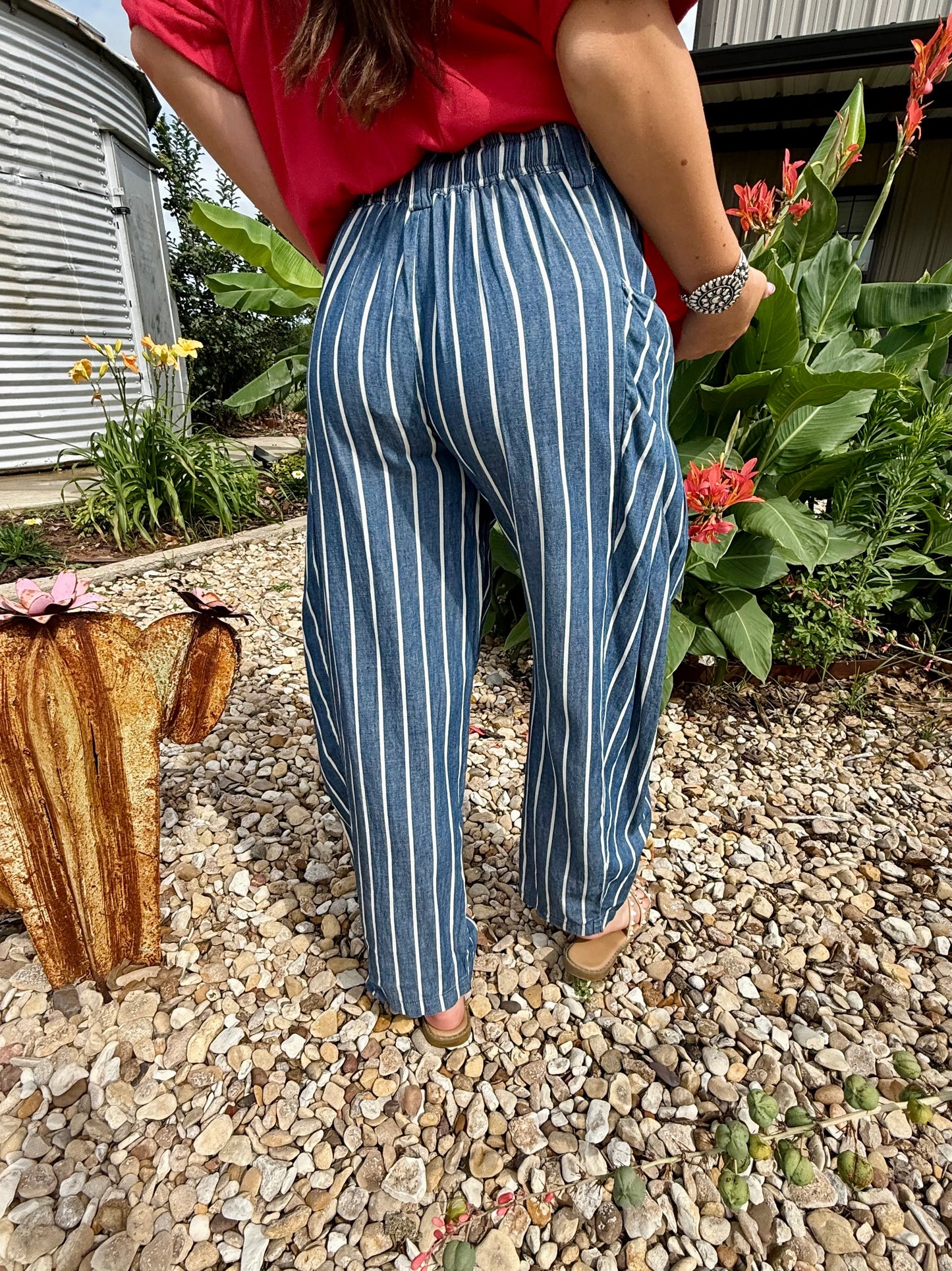 Stripe Washed Chambray Wide-Leg Pants