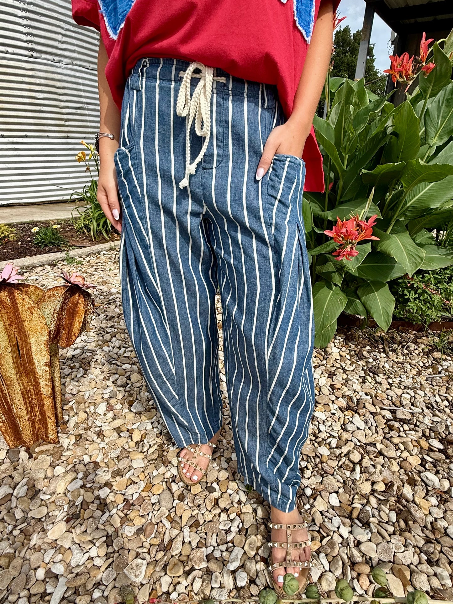 Stripe Washed Chambray Wide-Leg Pants