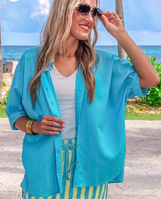 Pool Blue Button Up Blouse