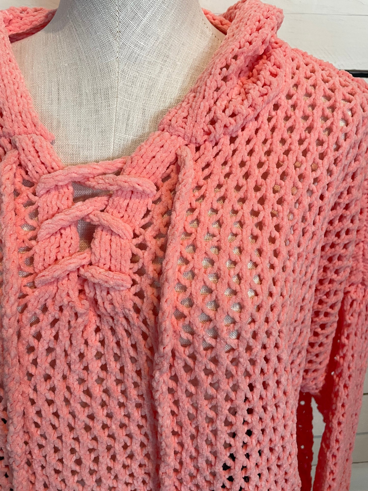 Peach Lace-Up Open Cable Knit Chenille Hoodie Sweater
