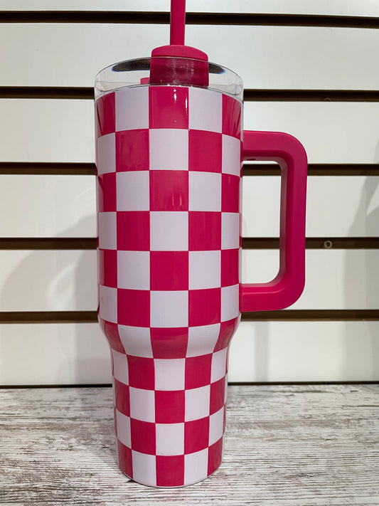 Pink & White Checkered Tumbler