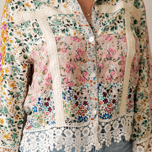 Floral Patchwork Blouse with Lace