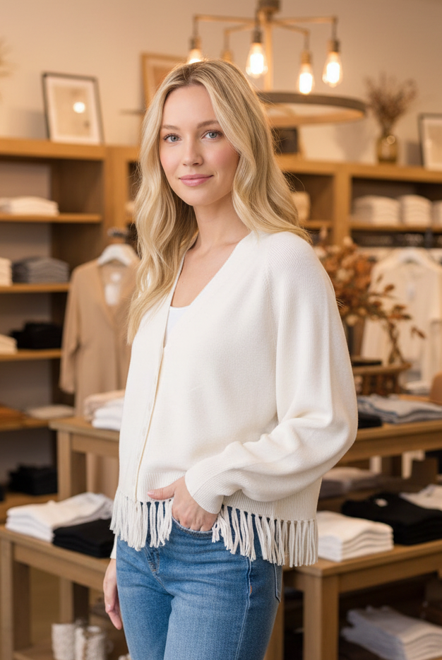 A blonde woman stands in a boutique wearing a cream-colored knit cardigan with fringe trim and blue jeans. The background shows wooden shelves and tables filled with folded clothing and store decor.