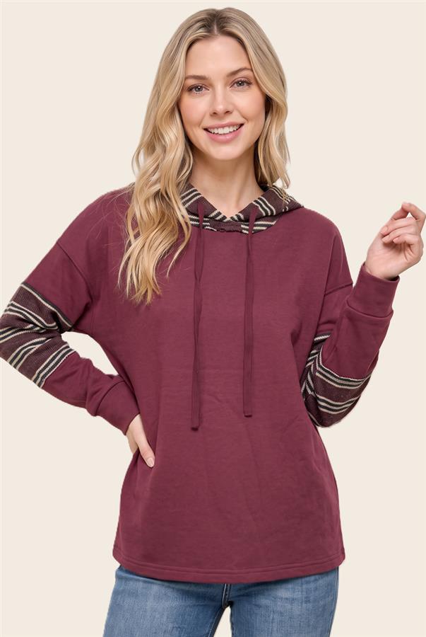 Burgundy Striped Sleeve Hoodie