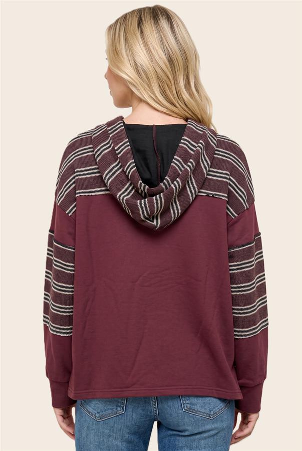 Burgundy Striped Sleeve Hoodie