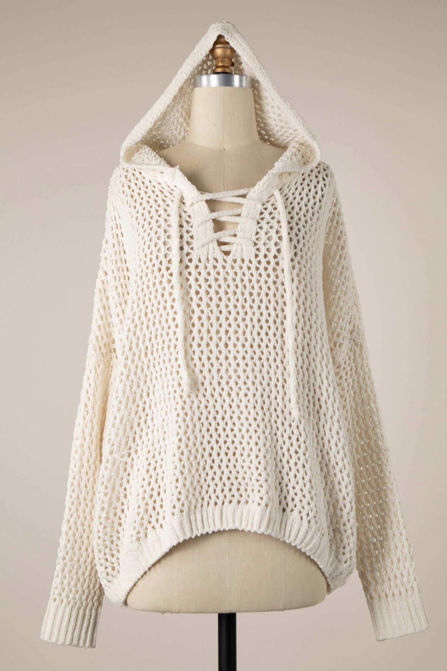 Lace Up Open Cable Knit Chenille Hoodie Sweater