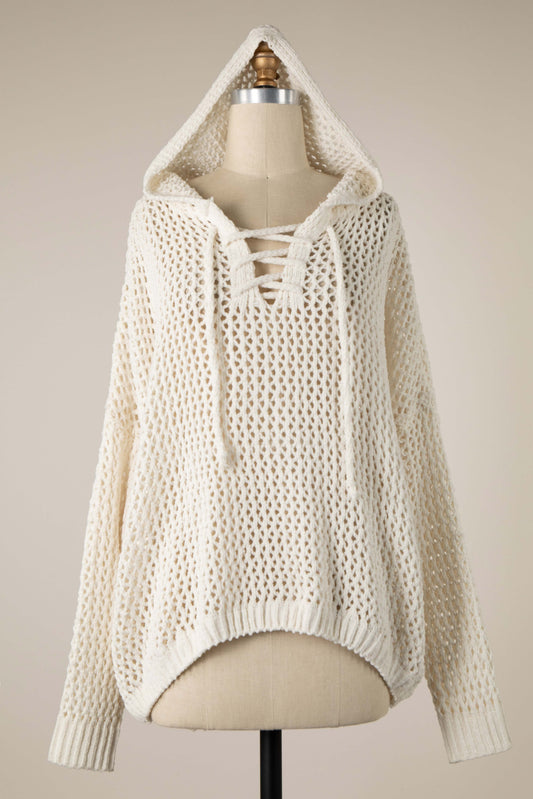 Lace Up Open Cable Knit Chenille Hoodie Sweater