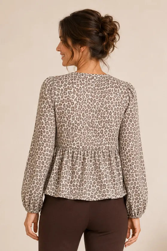 Brushed Twill Ivory Leopard Bow Tie Blouse