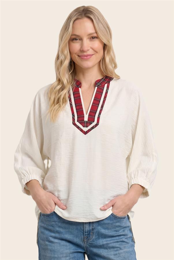 Ivory Plaid Accent Collar Woven Top