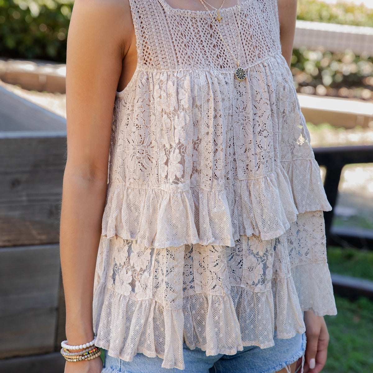 Tiered Lace Ruffle Tank Top - Latte
