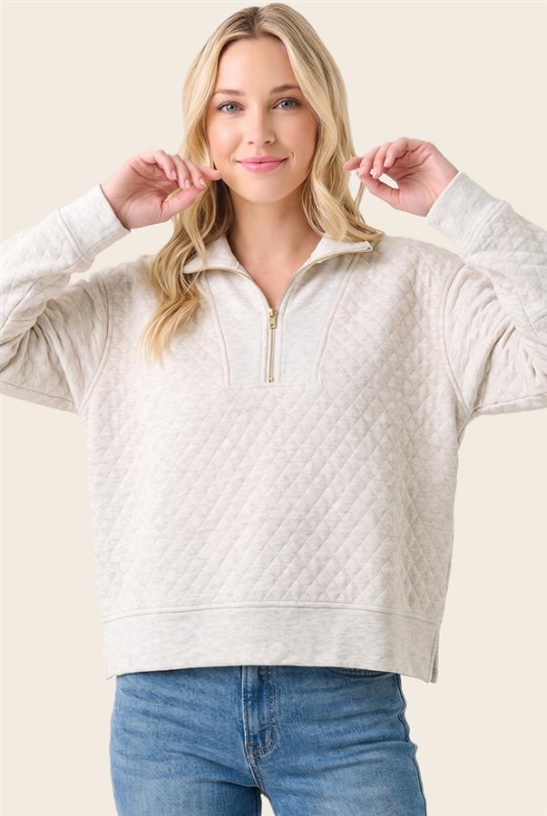 Light Grey Quilted  Half-Zip Sweatshirt